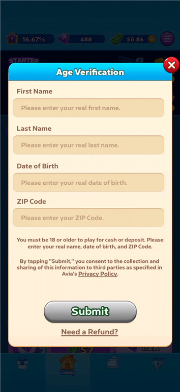 Age verification screen on the Bingo Tour gaming app.