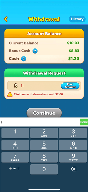 Attempting to withdraw money from the Bingo Tour gaming app.