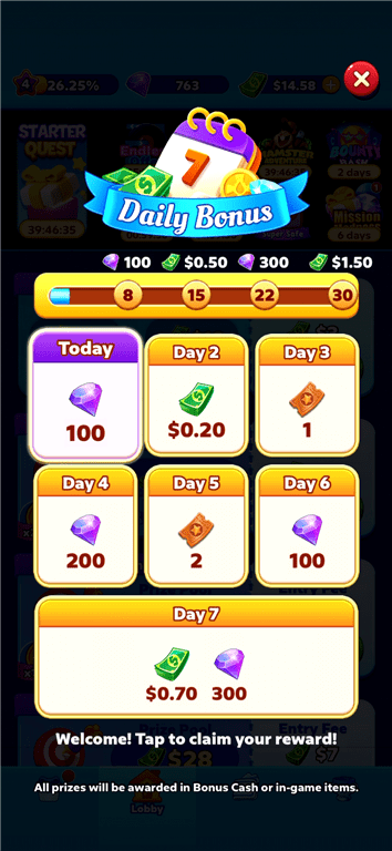 Rewards offered by the Daily Bonus feature on the Bingo Tour gaming app.