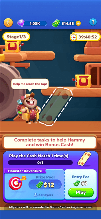 Hamster Game feature for earning rewards on the Bingo Tour gaming app. 