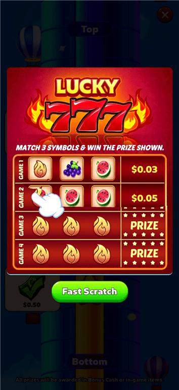 Scratcher feature offering rewards for leveling up in the Bingo Tour gaming app.