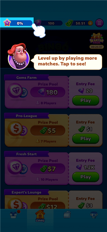 The XP meter on the Bingo Tour gaming app.