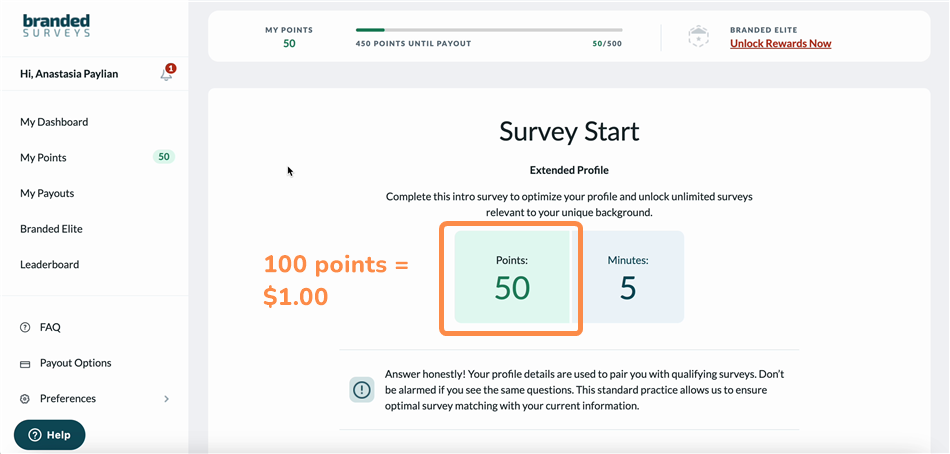 how much points are worth in branded surveys screenshot