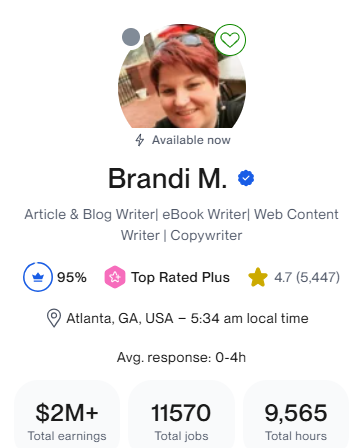 Screenshot of freelance writer Brandi Marcene's Upwork profile.