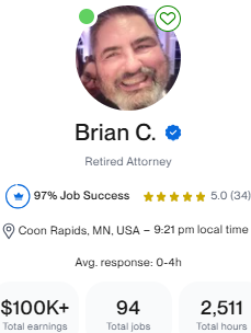 Screenshot of Brian Cadwallader's Upwork profile.