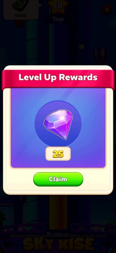 Bubble Buzz giving us 25 Gems as a reward for leveling up.