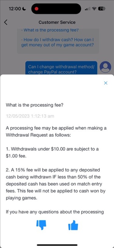 Fees for withdrawals on the Bubble Buzz gaming app.