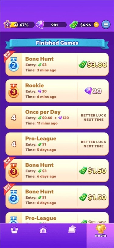 Results of tournaments we entered on the Bubble Buzz gaming app.