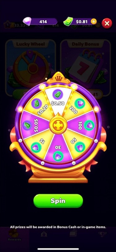 Spin the Wheel feature offering free bonus rewards on the Bubble Buzz gaming app.