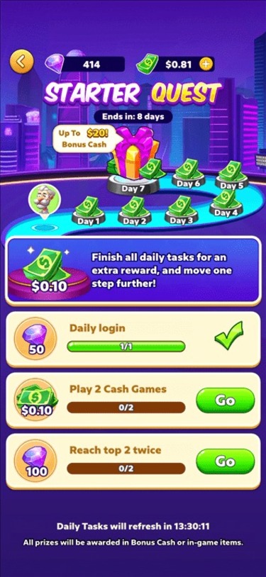 Starter Quest tasks offering bonus rewards on the Bubble Buzz app.