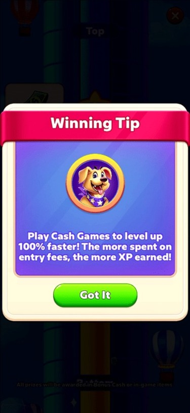 Tip for earning XP to level up on the Bubble Buzz gaming app.