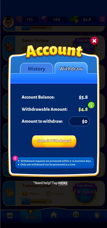Withdrawals on the Bubble Cash card game app.