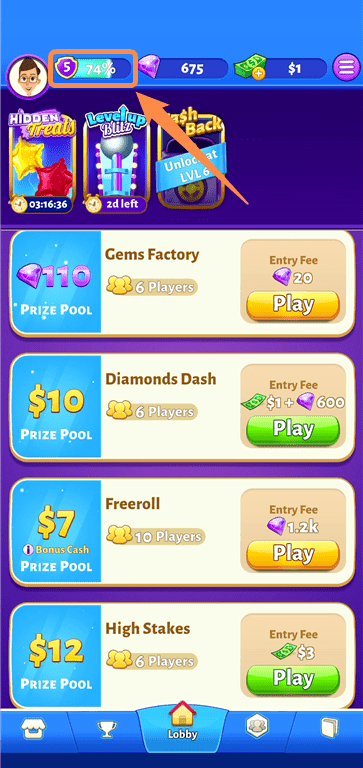 The XP progress meter in the Bubble Cash card game app.