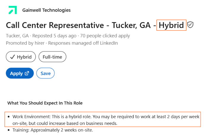 Screenshot of a LinkedIn job post indicating that the number of in-office days may increase