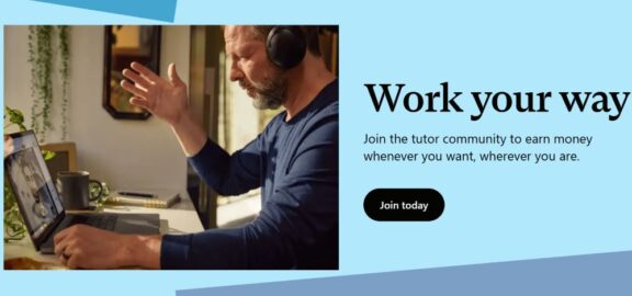 Cambly tutor providing an online English lesson to a student, with the tagline "Work your way"