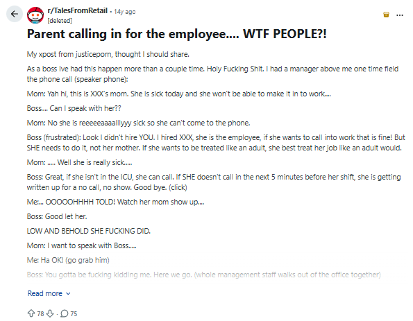 Screenshot of a Reddit post describing a parent calling an employer on behalf of their adult child.