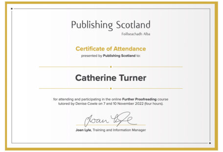 Catherine Turner's proofreading certificate