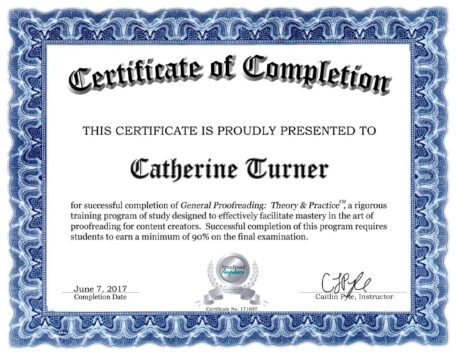 Catherine Turner's proofreading certificate