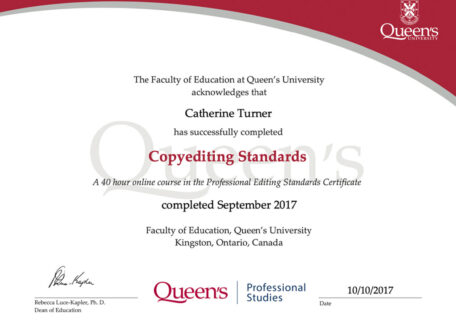 Catherine Turner's professional editing standards certificate