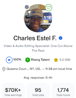 Screenshot of Charles Freels's Upwork profile.