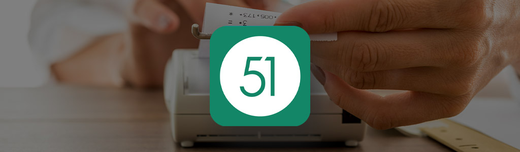 Checkout 51 logo against a background of someone printing a receipt