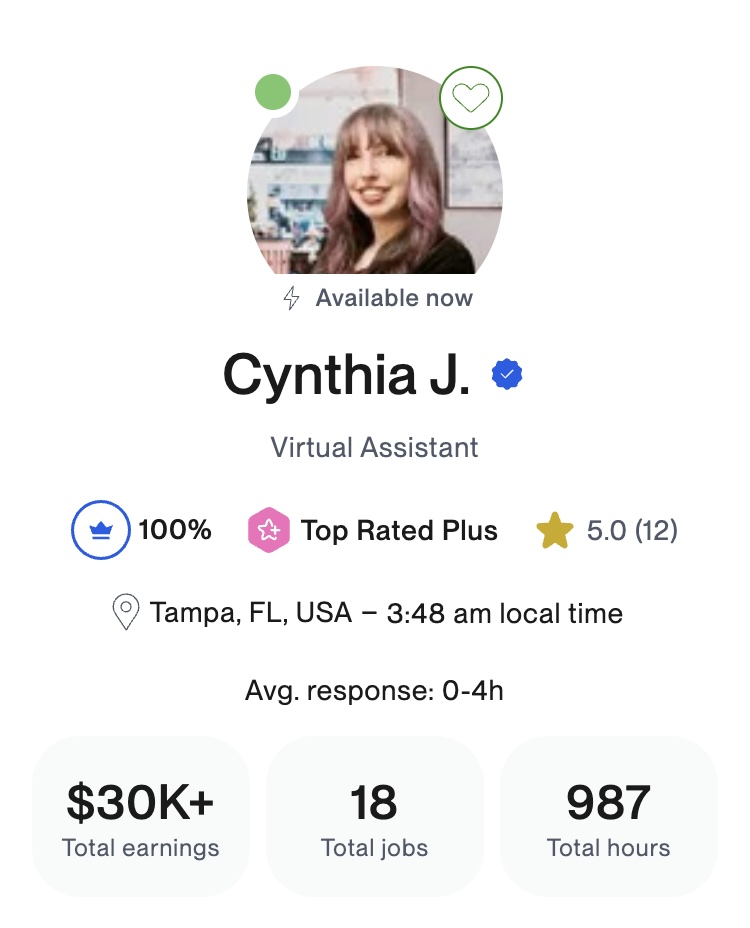 Screenshot of Cynthia Johnson's Upwork profile
