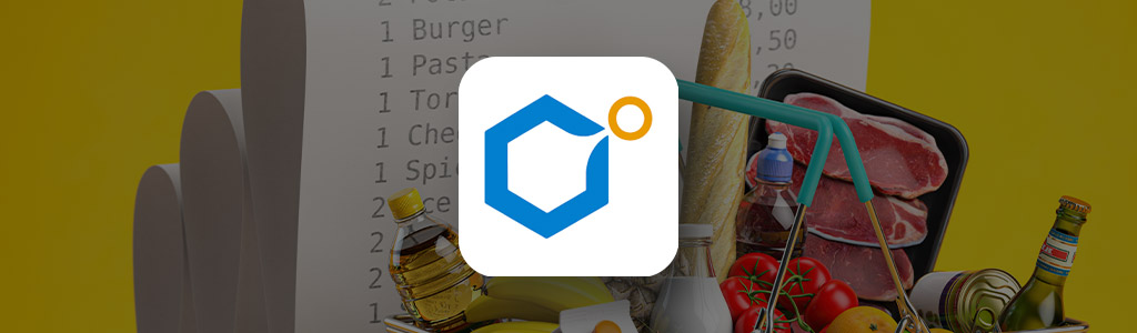 CoinOut logo against a background of a shopping list and a basket full of groceries