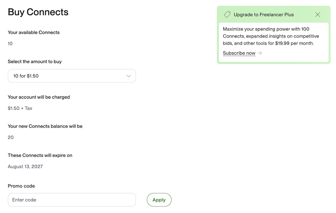 Screenshot of the Connects purchasing interface on Upwork.