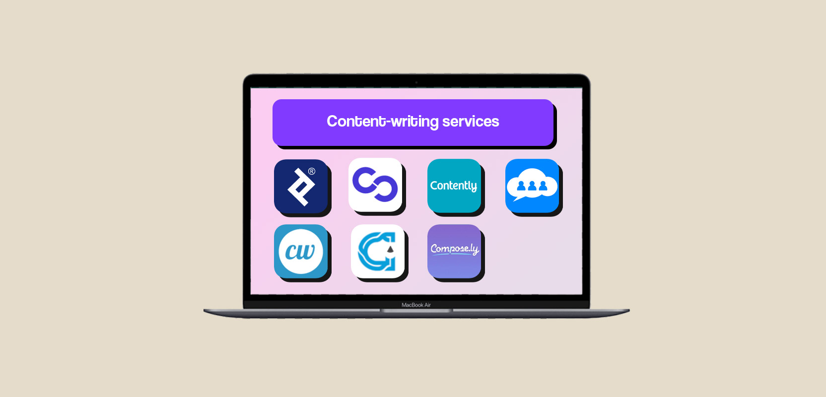 Laptop screen showing several icons of content-writing services