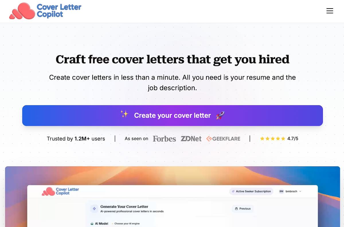 Cover Letter Copilot's landing page.