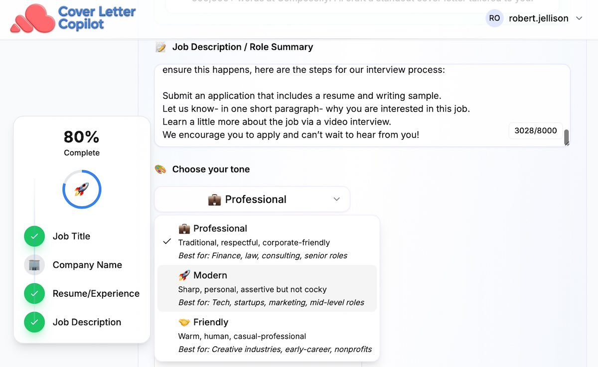 Cover Letter Copilot's "select tone" screen.