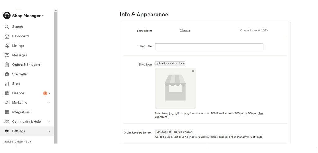 Screenshot of the Etsy shop customization page