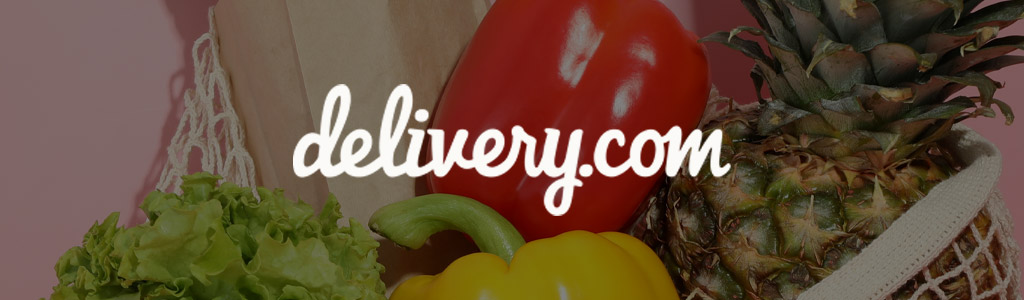 Delivery.com logo against a background of fresh groceries