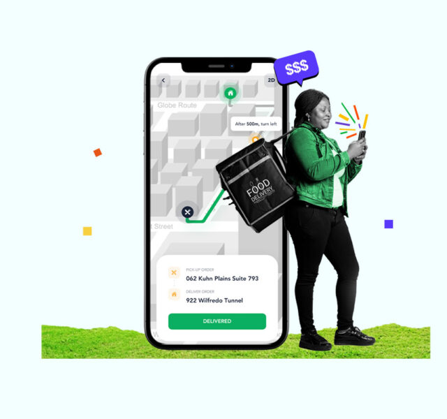 Delivery gig worker carrying an order in front of a background showing a delivery driver app on a smartphone