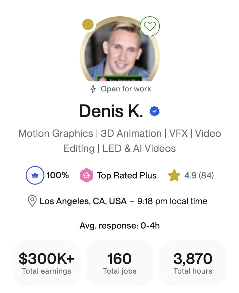 Screenshot of Denis Kochkin's Upwork profile.