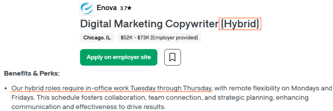 Glassdoor job post tagged as hybrid with job description indicating in-office days from Tuesdays to Thursdays. 