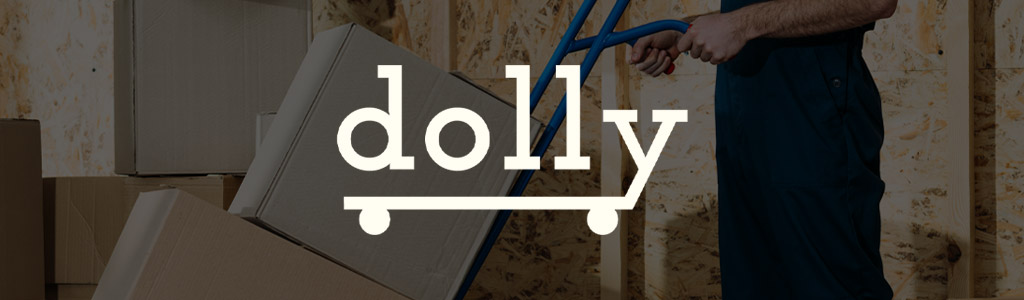 Dolly logo against a darkened background showing someone moving boxes