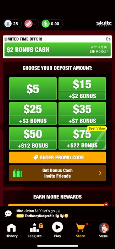 Denominations for deposits in the Dominoes Gold app.