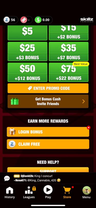 Free rewards under the Earn tab in the Dominoes Gold app.