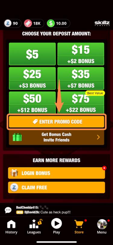 Where to enter promo codes in the Dominoes Gold app.