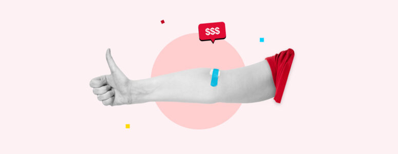 Person's hand giving a thumbs-up sign with a bandaid on their arm and a dollar sign symbolizing donating plasma for money.
