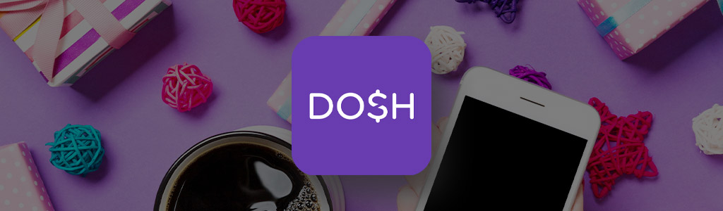 Dash app logo against a background of a phone on a desk next to a cup of coffee and some party favors