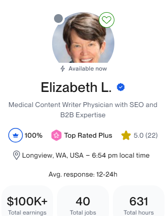 Screenshot of freelance writer Dr. Elizabeth Lumpkin's Upwork profile.