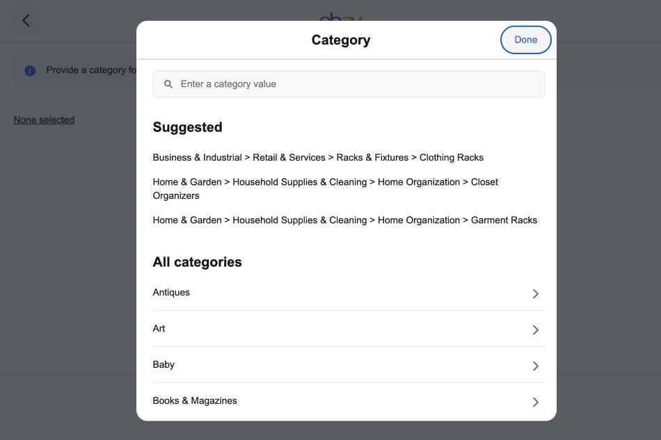 Entering a category value for the item you want to sell on eBay.
