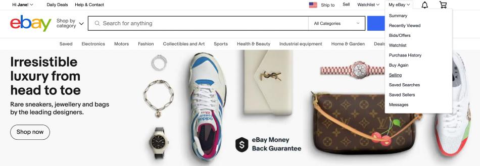 Screenshot of eBay’s homepage with My eBay’s drop-down menu at the top-right corner.