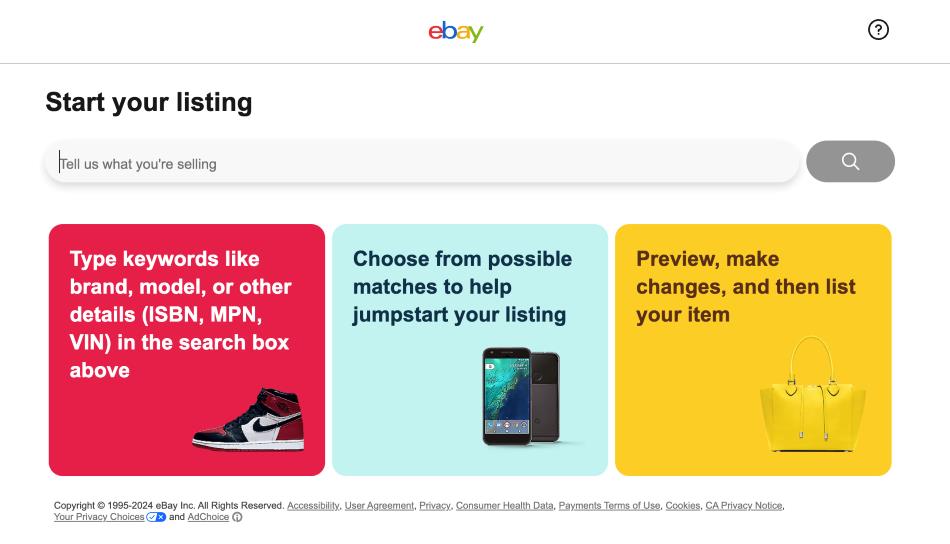 Screenshot of eBay’s “Start your listing” page.