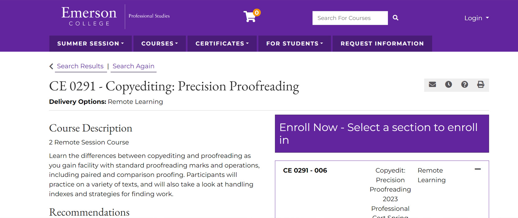 Screenshot of the Emerson College proofreading course homepage