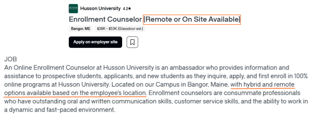 Screenshot of Glassdoor job post showing “remote or on-site available” in title while job description clarifies remote or hybrid nature. 