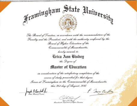Erica Bisbey's MA diploma