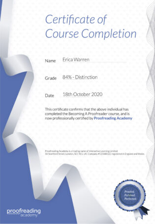 Erica Warren's proofreading course certificate